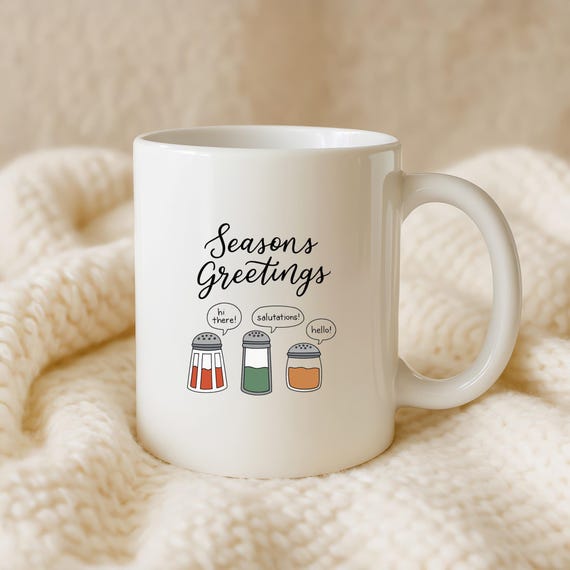 Funny Christmas Mug With Pun, Seasons Greetings With Salt And Pepper Shakers M703