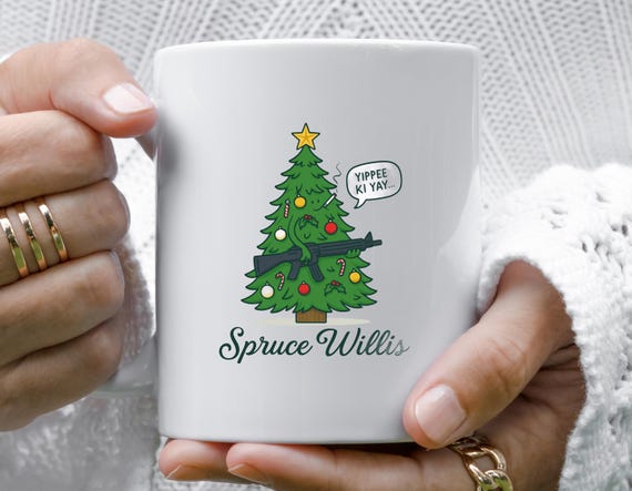 Spruce Willis Christmas Mug: Funny Holiday Pun With Tree And Ornaments M706