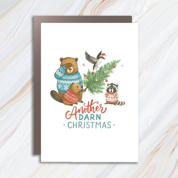 Another Dam Christmas Card, Funny Animals Holiday Card, Bear Beaver Goose Raccoon Canadiana C707