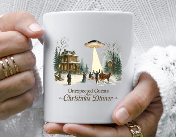 UFO Christmas Mug, Sci Fi Vintage Scene, Funny Holiday Mug, Alternate Histories, Geekery Martians M709