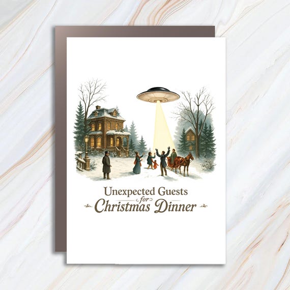 UFO Christmas Card, Sci Fi Vintage Holiday Scene, Funny Martian Card, Alternate Histories Geekery C709