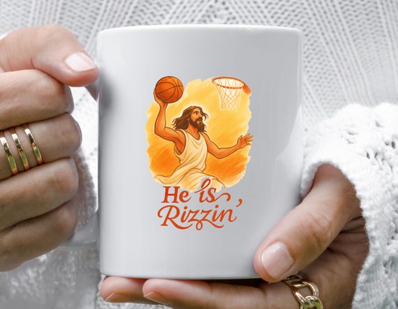 Jesus Mug - Gen Z Funny Christmas Mug - Basketball Jesus Ornament Design - He Is Rizzin' Holiday Mug M711