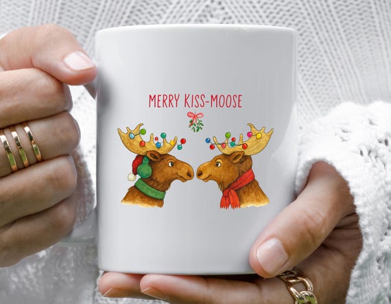Funny Christmas Mug For Boyfriend - Merry Kiss Moose Under Mistletoe M712