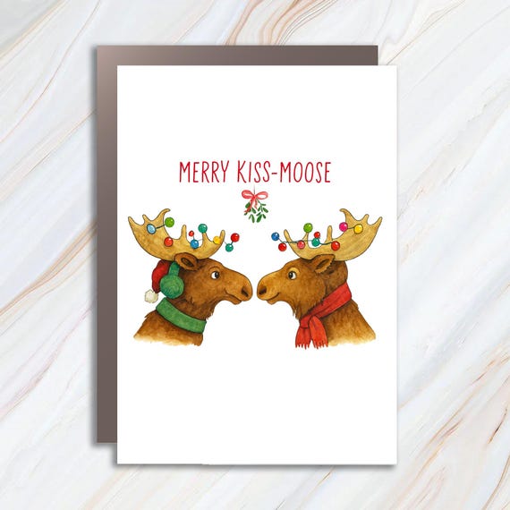 Funny Christmas Card For Boyfriend - Merry Kiss Moose With Mistletoe And Antler Lights C712