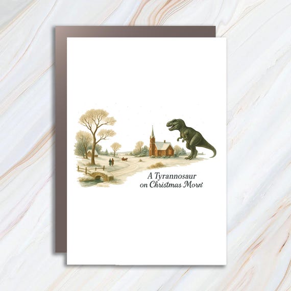 Dinosaur Christmas Card, Tyrannosaurus Rex Holiday, Funny Christmas Card, Vintage Winter Scene, Geekery Card C720