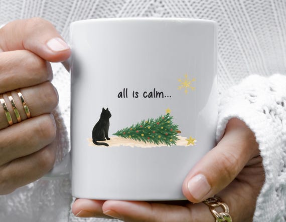 Funny Black Cat Christmas Mug, Holiday Cats Mug, Whimsical Cat Mug, Minimalist Cat Lover Gift M722