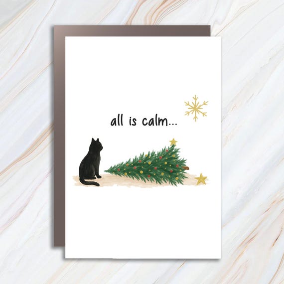 Cat Christmas Cards, Black Cat Holiday Card, Funny Cat Card, Whimsical Christmas Card, Minimalist Cat Card C722
