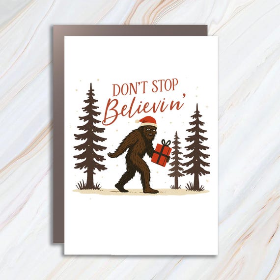Funny Holiday Card Set - Bigfoot Christmas Card With Santa Hat - Don't Stop Believin' Theme C723