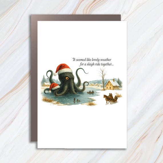 Funny Monster Christmas Card With Tentacled Santa In Sleigh Ride Winter Scene C730