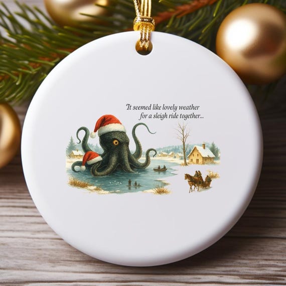 Sleigh Ride Monster Christmas Ornament With Tentacled Creature In Snowy Landscape O730