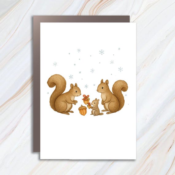 Funny Squirrel Christmas Card With Gift - Cute Holiday Greeting Card With Squirrels And Presents C731
