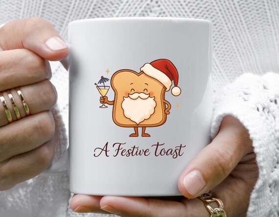 Festive Toast Cartoon Pun Christmas Mug - Funny Humour Xmas Mug With Santa Hat And Cocktail M748