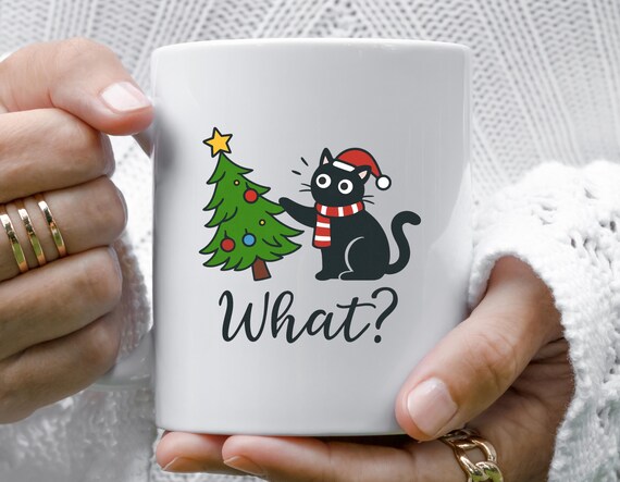 Black Cat What Mug, Funny Christmas Mug, Cat Lover Gift, Santa Claus Mug, Holiday Mug, Black Cat Christmas Mug M751