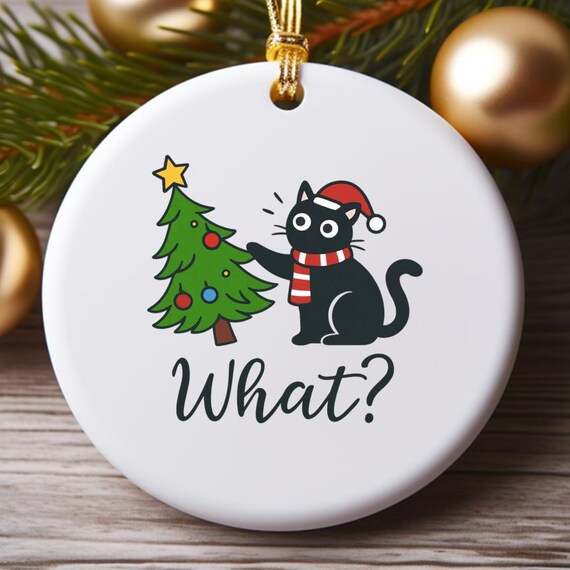 Black Cat What Ornament, Funny Christmas Ornament, Cat Lover Gift, Santa Claus Ornament, Holiday Decor O751