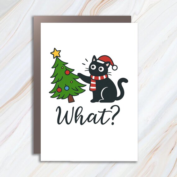 Black Cat What Christmas Card, Funny Cat Lover Holiday Card, Santa Claus Cat Card, Humorous Christmas Card C751