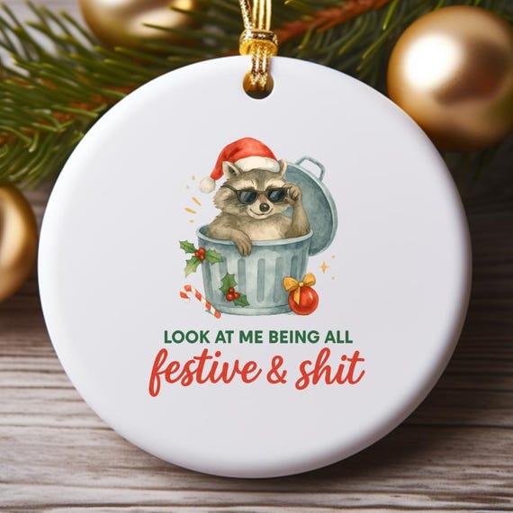 Funny Christmas Raccoon Ornament, Sarcastic Holiday Quote With Santa Hat And Lights O771
