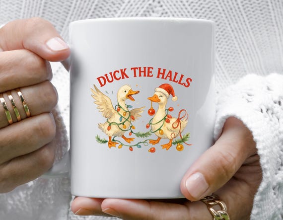 Duck The Halls Christmas Mug: Funny Bird Pun, Watercolor Illustration M790