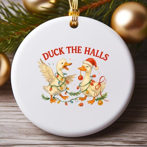 Duck The Halls Ornament: Funny Bird Pun, Watercolor Ducks Decorating Christmas Tree O790