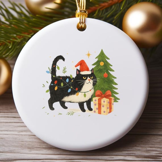 Funny Christmas Ornament - Merry Mess - Cat With Santa Hat And Garland O795
