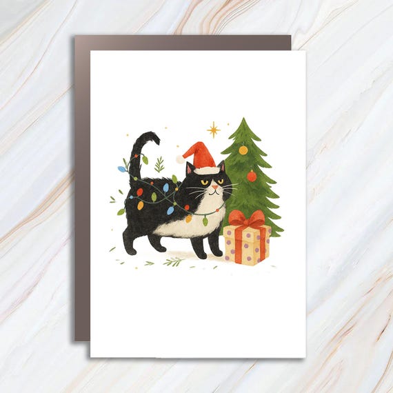 Funny Christmas Card - Merry Mess Cat - Holiday Humor With Santa Hat And Garland C795