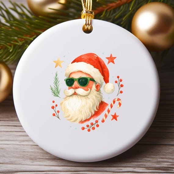 Santa Face Sunglasses Ornament, Cute Santa Head, Funny Christmas Ornament, Xmas Retro Holiday Decor O798