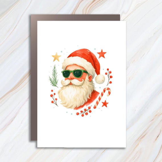 Santa Face Sunglasses Christmas Card, Cute Santa Head Card, Funny Xmas Retro Card, Holiday Greeting Card C798