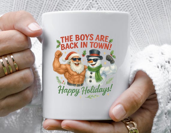 Funny Santa & Snowman Mug: The Boys Are Back In Town Christmas Humor M797