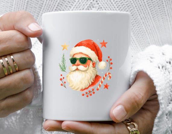 Santa Face Sunglasses Christmas Mug, Cute Santa Head Mug, Funny Xmas Retro Mug, Gifts For Holiday Season M798