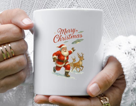 Santa & Aliens Christmas Mug - Sci-fi Holiday Mug, Funny Christmas Mug, Weird Alien Abduction Art, UFO Cryptids M780