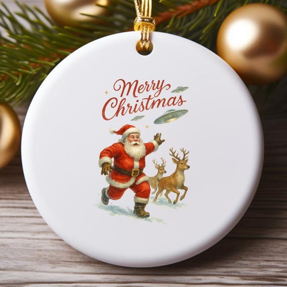 Santa & Aliens Christmas Ornament - Sci-fi Holiday Decor, Funny Christmas Ornaments, Weird Alien Abduction Art, UFO Cryptids O780