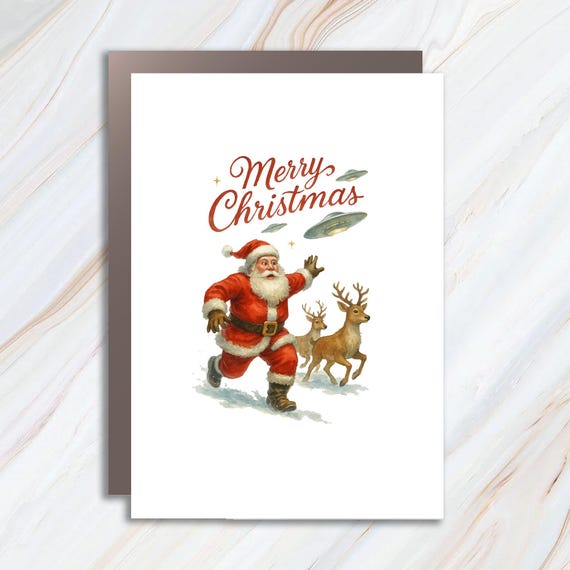 Santa & Aliens Christmas Card - Sci-fi Holiday Card, Funny Christmas Card, Weird Alien Abduction Art, UFO Cryptids C780