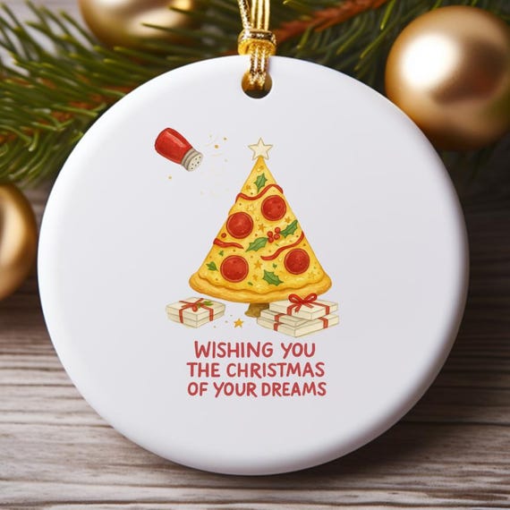Funny Pizza Christmas Ornaments - Green Card With Pepperoni Tree And Star O801