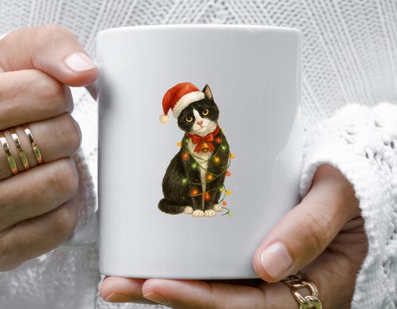 Funny Christmas Cat Mug: Holiday Family Coffee Cup With Santa Hat And Lights M804