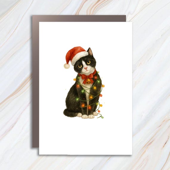 Funny Christmas Cat Card: Holiday Family Greeting With Santa Hat And Lights C804