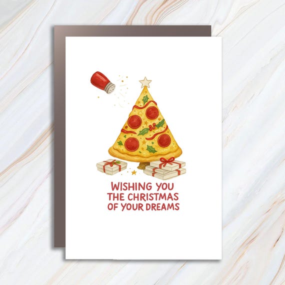 Funny Pizza Christmas Card - Green Card With Pizza Tree And Pepperoni - Holiday Wishes Card C801