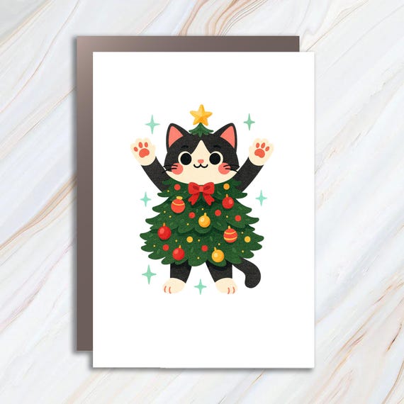 Whimsical Cat Christmas Card – Cute Cat Lover Holiday Card, Funny Pet Lover Christmas Decor C812