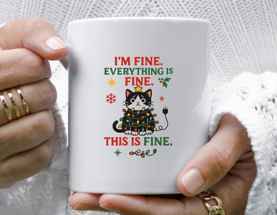 Christmas Cat Mug, I'm Fine Everything Is Fine Mug, Tangled Christmas Lights, Funny Introvert Mug M813