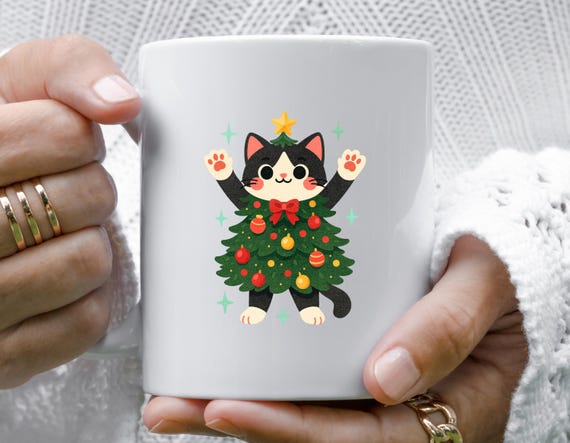 Whimsical Cat Mug For Christmas – Cute Cat Lover Gift, Funny Holiday Pet Mug, Christmas Cat Decor M812