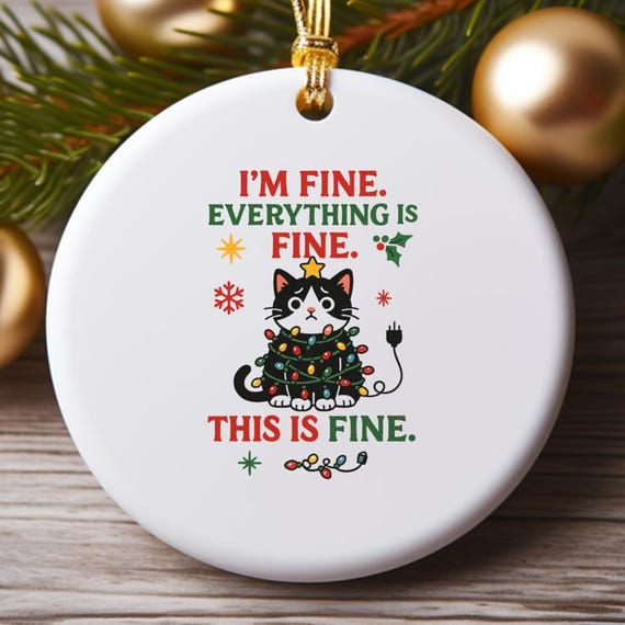 Funny Christmas Cat Ornament, I'm Fine Everything Is Fine, Tangled Lights Introvert Ornament O813