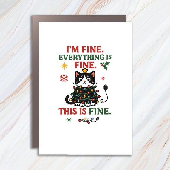 Funny Christmas Cat Card, I'm Fine Everything Is Fine, Tangled Lights, Introverts Holiday Humor C813