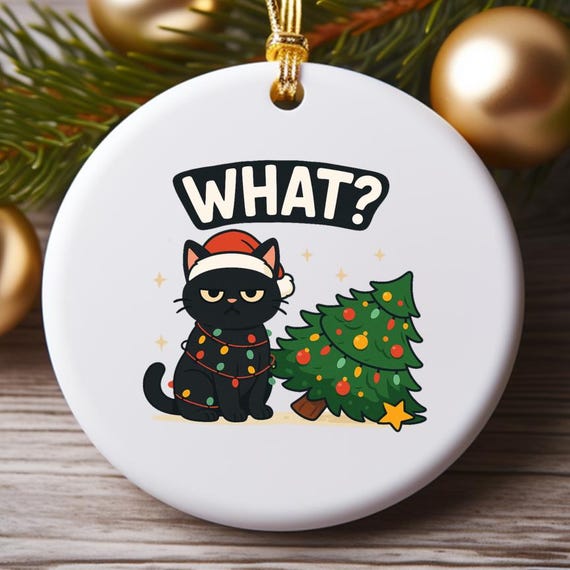 Funny Cat Christmas Ornament, Grumpy Cat Lover Ornament, Cat Mom Ornament, Black Cat Christmas Light Ornament O819