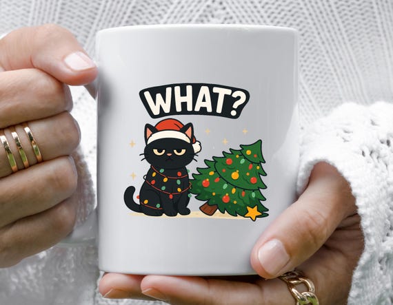 Funny Cat Christmas Mug, Grumpy Cat Lover Mug, Cat Mom Gift, Black Cat Christmas Lights Mug M819