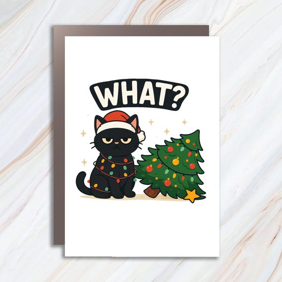 Funny Grumpy Cat Christmas Card, Black Cat Lover Holiday Card, Cat Mom Christmas Lights Card C819
