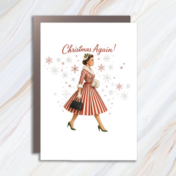 Christmas Again Card With Red And White Stripes, Green Purse, Snowflakes Holiday Design C822