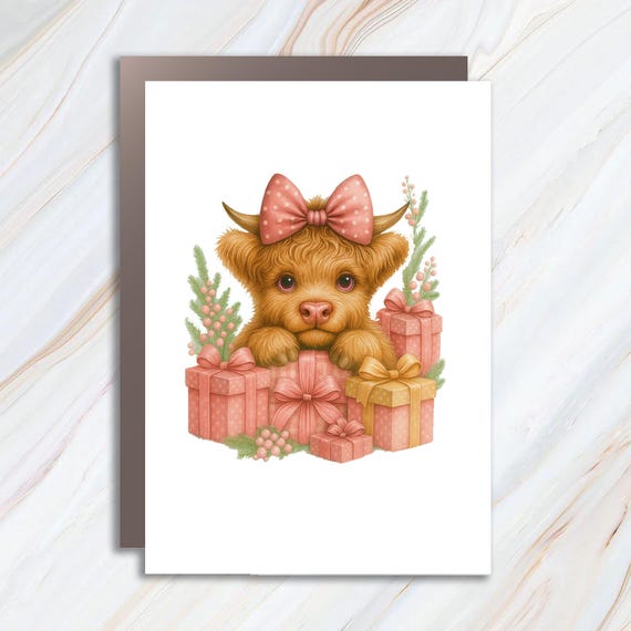 Baby Highland Cow Christmas Card, Cute Holiday Card With Cow And Plaid Gift Boxes, Funny Christmas Card C826