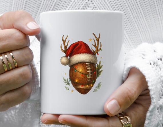 Christmas Football Santa Hat Mug, Funny Sports Xmas Mug, Football Lovers Gift, Team Mug, Sports Gift M825