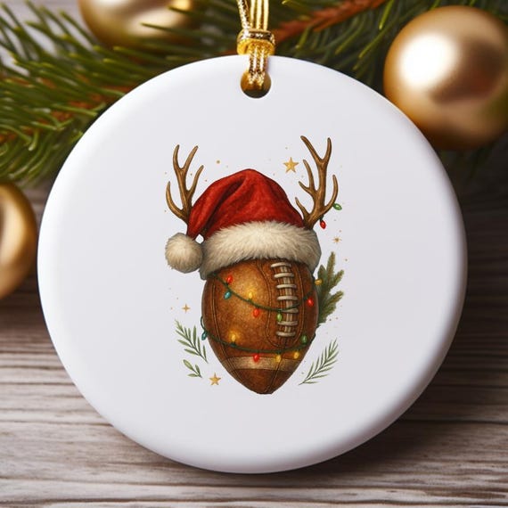 Funny Christmas Football Ornament, Santa Hat Sports Ornament, Football Lovers Xmas Decor, Team Sports Ornament O825