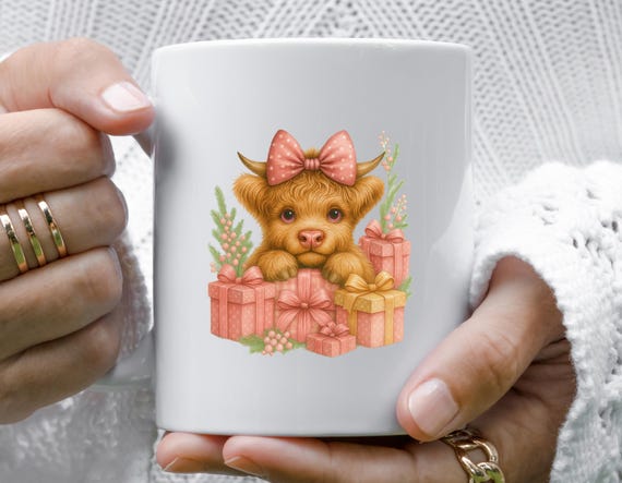 Baby Highland Cow Mug, Cute Christmas Mug With Bow And Plaid Gift Boxes, Funny Highland Cow Christmas Mug M826