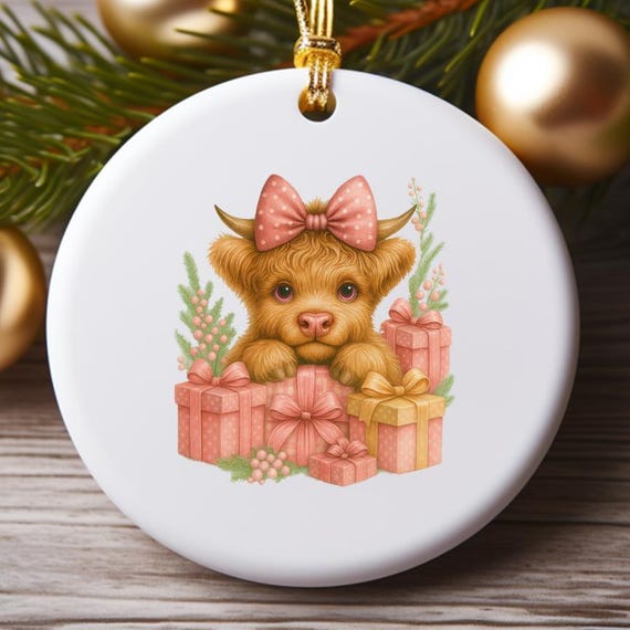 Baby Highland Cow Christmas Ornament, Cute Round Holiday Ornament With Bow And Plaid Gift Boxes O826