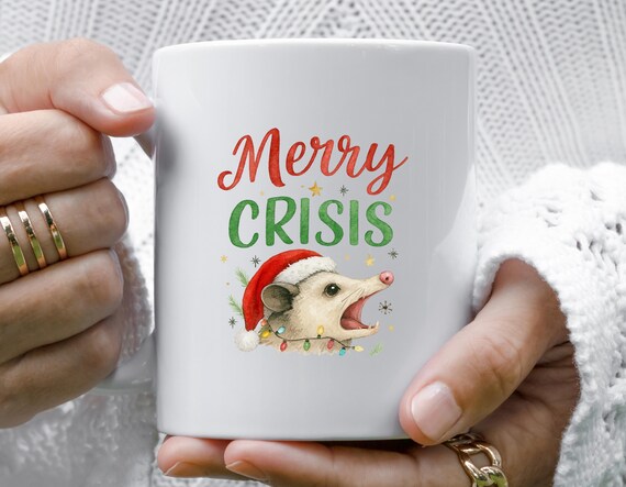Merry Crisis Opossum Funny Christmas Mug With Santa Hat And Lights M832
